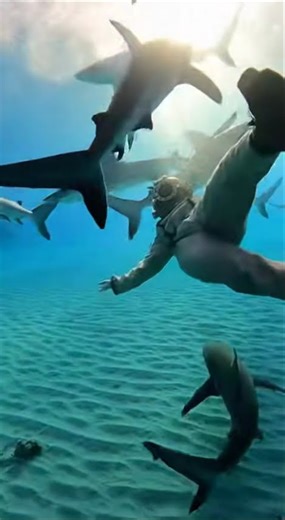 He Jumped In Wearing an Old-Style Diving Suit… Sharks Swarmed 😳🦈