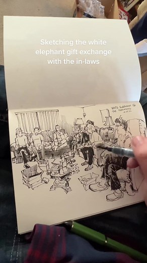 Sketching the White Elephant Gift Exchange with Sailor Fude de Mannen Fountain Pen