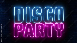 Disco Party neon sign. Disco Party text font with neon light. Luminous and shimmering haze inside the letters of the text Disco Party. Stock Video