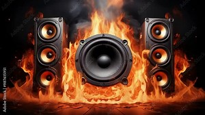 video illustration - burning music speaker and speakers. Flickering flames dance with bright intensity,