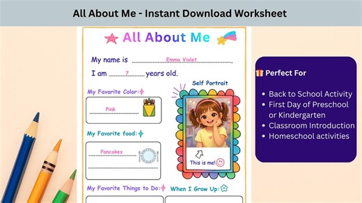 All About Me Worksheet Printable for Kids | Back to School Activity Page | Preschool Kindergarten Homeschool Instant Download