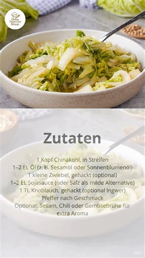 🥢 Gedünsteter Chinakohl – schnell, leicht und unglaublich aromatisch! 🌿✨ 🛒 Zutaten (mit Alternativen) 1 Kopf Chinakohl, in Streifen 1–2 EL Öl (z. B. Sesamöl oder Sonnenblumenöl) 1 kleine Zwiebel, gehackt (optional) 1–2 EL Sojasauce (oder Salz als milde Alternative) 1 TL Knoblauch, gehackt (optional Ingwer) Pfeffer nach Geschmack Optional: Sesam, Chili oder Gemüsebrühe für extra Aroma 👩‍🍳 Zubereitung Schritt für Schritt Öl erhitzen: In einer Pfanne oder einem Topf das Öl erwärmen. Zwiebeln &