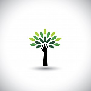 Human Hand & Tree Icon With Green Leaves - Eco Concept Vector