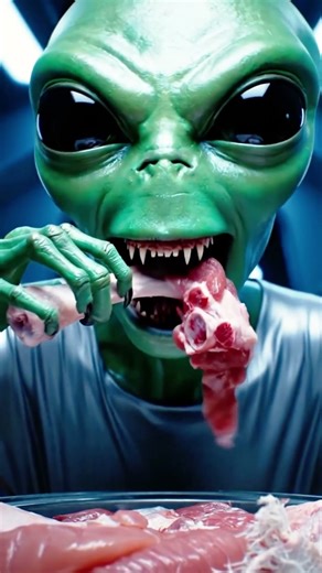 The alien eats raw meat