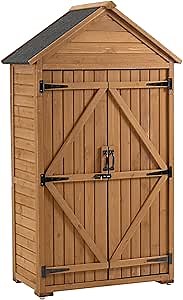 Outdoor Storage Cabinet, Outside Wood Shed with Waterproof Roof & Double Locks, Vertical Tool Storage Box for Patio, Garden, Backyard, Brown