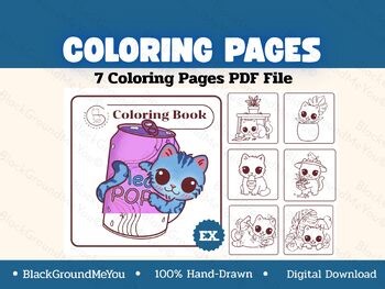 Kawaii Blue Cat Coloring Pages | 7 Cute Cat PDF Coloring Book | Digital Download