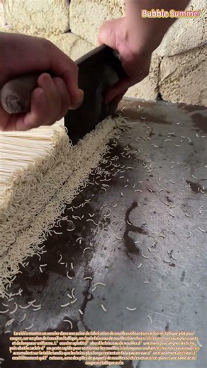 un ouvrier découpe des nouilles longues séchées en morceaux de longueur uniforme