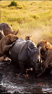 A Herd of Lions vs A Herd of Rhinos in a Fierce Field Fight #LionVsRhino #wildlifebattle