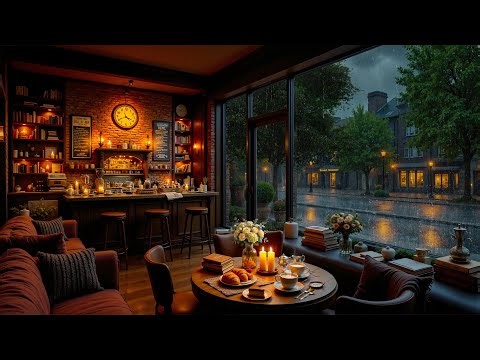 Relaxing Jazz Music in Cozy Library Coffee Shop 🌧️ Gentle Jazz Piano & Rain Sounds for Work, Study