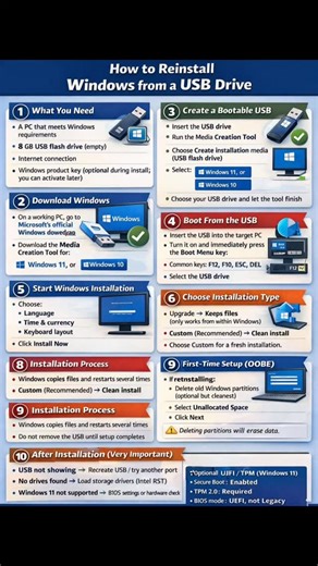 Akash Kumar Rangera on Instagram: "💻 HOW TO REINSTALL WINDOWS FROM A USB DRIVE (STEP-BY-STEP GUIDE) Reinstalling Windows can fix slow performance, boot errors, and system crashes. Follow the correct method using a bootable USB to get a fresh, stable Windows setup. ✅ Works for Windows 10 & Windows 11 ✅ Best solution for corrupted systems ✅ Safe and reliable when done correctly 1. What You Need A PC that meets Windows requirements 8 GB USB flash drive (empty) Internet connection Windows product k