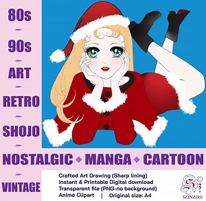 80s 90s lovely Shojo Manga Vintage Japanese Anime Girls, Retro Teen Girl in Santy, Christmas, X'Mas, Santa Claus dress