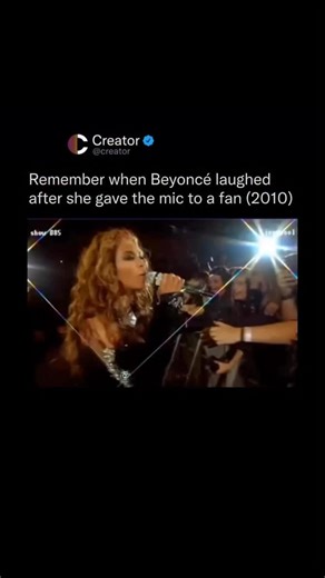 Creators | Entertainment | Culture on Instagram: "During a 2010 concert, Beyoncé turned a potentially awkward fan interaction into one of her most endearing live moments. After handing her microphone to a fan in the audience, the fan—overwhelmed by excitement—missed the lyrics and sang completely off-key. Instead of freezing or moving on, Beyoncé burst into genuine laughter on stage, instantly diffusing the moment and pulling the entire crowd into it. What makes this clip timeless is Beyoncé’s a
