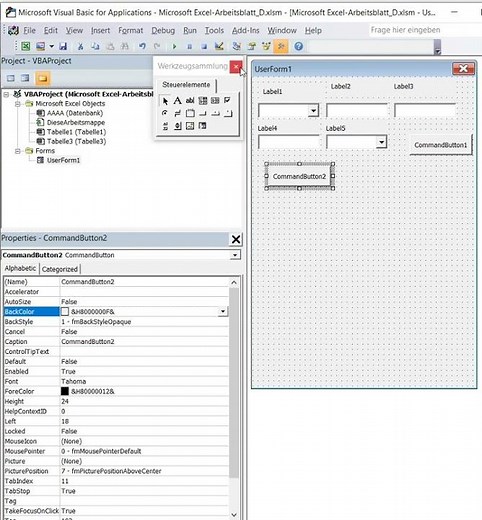 Die Schaltfläche “CommandButton2“ einfügen und formatieren Excel VBA
