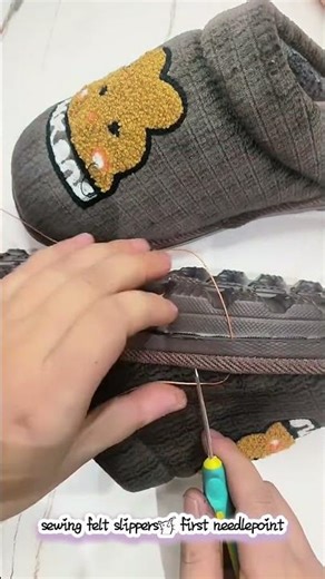 sewing felt slippers, first needle point