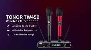 TONOR Dual Wireless Microphone Systems, UHF Cordless Karaoke Microfono Set, Metal Handheld Dynamic Mic 200ft for Singing with Receiver for Karaoke, DJ Party, Church, Wedding, Speech, PA TW450 Grey