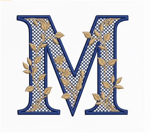 Elegant Letter M Monogram - Floral Embroidery Design - Navy Blue and Gold Initial M Pattern - Lattice Embroidery Letter - Digital Download - Etsy