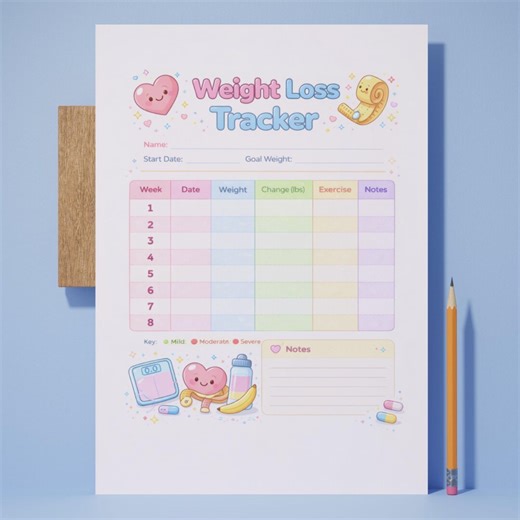 Weight Loss Tracker Printable, Weight Log Chart, Fitness Progress Tracker, Body Weight Tracker PDF, Diet & Exercise Planner