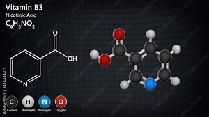 Vitamin B3(Nicotinamide). Also known as nicotinic acid. 3D render. Seamless loop. Chemical structure model: Ball and Stick. Stock Video