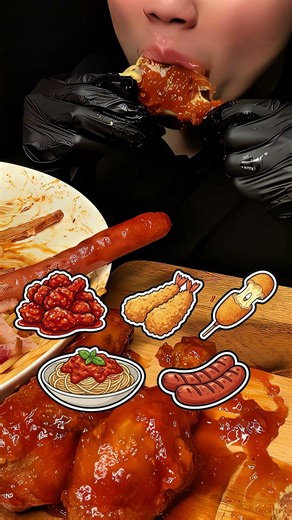 ASMR MUKBANG Fried Chicken, Shrimp Toast, Cheese Corn Dog, Spaghetti, Sausage #shorts