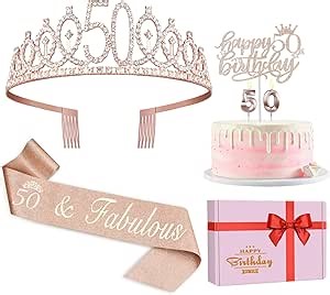 50th Birthday Decorations for Women, Including 50th Birthday Sash and Crown, Cake Topper and Candles, 50 Year Old Gifts for Women