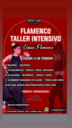 Gloria Evangelina Lopez on Instagram: "💃ESCUELA FLAMENCA GLORIA LÓPEZ PRESENTA 👠SI SOS DE TUCUMÁN O ESTAS POR TUCUMÁN TENGO ALGO PARA CONTARTE.... 📅SABADO 14 DE FEBRERO 💃TALLERES INTENSIVOS DE DANZA FLAMENCA - 10 Hs Bulerias. Multinivel. - 11 Hs Castañuelas. Multinivel -'16 Hs Alegrias. Intermedio -17 Hs Abanico. Fandangos estilizados. Principiante-Intermedio. - 18 HS Clase Especial para Adultos Principiantes 👉Dirección Crisostomo 464.primer piso. 📩Más info al 381 6231027"