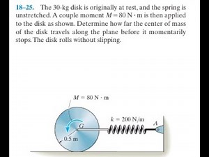 The 30 -kg disk is originally at rest, and the spring is unstretched. A couple moment is then ap