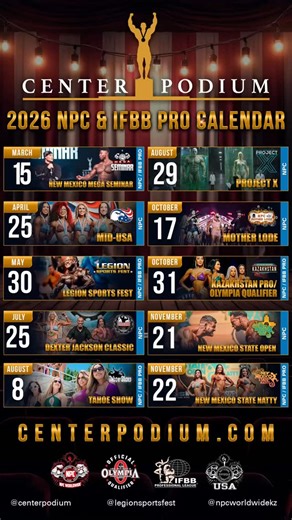 IFBB Pro NPC Bodybuilding Production on Instagram: "‼️🫵 Updated @CenterPodium Schedule! EARLY BIRD REGISTRATION sales LIVE! 🤘🏼Discounts apply to BOTH registration and crossovers. NINE @ifbb_pro_league Divisions in 2026! 📚 March 15 | NPC/IFBB Pro Mega Seminar | Albuquerque, New Mexico — Posing, Live Q&A, Exclusive Deals, Olympians 🦅 April 25 | NPC MID-USA | Albuquerque, New Mexico presented by @designerbodiesworldclassgym 🦸🏽‍♂️🦸🏽‍♀️ May 30 | IFBB Pro League/NPC @LegionSportsFest | Reno, 