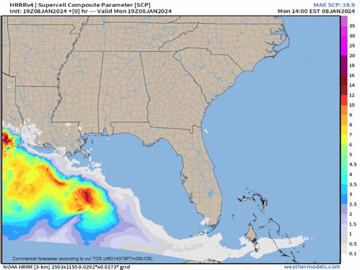 Latest HRRR Supercell map into Tuesday AM. Bright colors mean higher severe storm chances (Tornadoes). Very active overnight for the upper Gulf. Line continues east into Florida and GA/SC/NC Tuesday. www.spaghettimodels.com | Mike's Weather Page