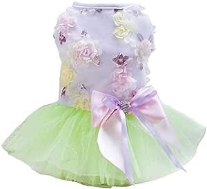Puppy Skirt Dog Dresses for Small Dogs Princess Tutu Flower Sequin Dot Wedding Lace Luxury Bow Dresses for Small Dogs Girls Cats (L, Green)