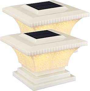 TORCHSTAR Solar Post Lights Outdoor, LED Fence Cap Light Fits 4x4, 5x5, 6x6 Posts Patio Deck Garden Decoration, Soft White, 360° Beam Angle, IP65 Waterproof Creamy White Finish, Pack of 2