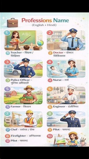 10 Professions Name in English & Hindi 👩‍⚕️👨‍✈️#ProfessionsName #LearnEnglish #Education #Shorts