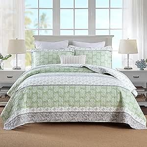 Quilts Queen Size, Cotton Comforter Set, Sage Green Bedding Queen Size, Farmhouse Striped Bedspreads, Lightweight All Seasons 3 Piece