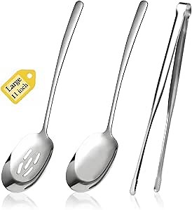 3 PCS Long Handle Stainless Steel Serving Utensils,18/8 Large Serving Spoons Set, Include Serving Spoon,Slotted Spoon,Serving Tong, Kitchen Utensil, for Buffet Catering Banquet, Dishwasher Safe