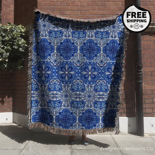 100% Cotton Moroccan Tile Woven Blanket | Boho Throw Blanket | Middle Eastern Gift | Mediterranean Decor | Woven Wall Tapestry - Etsy