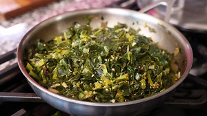 Collard greens doenjang-bokkeum (Stir-fried collard greens with...