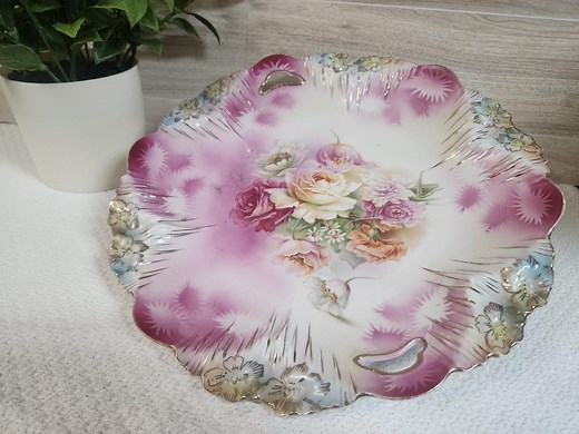 RS Prussia Floral Porcelain Platter – Antique 11” Handled Plate, Pink & Gold Scalloped Edge - Etsy