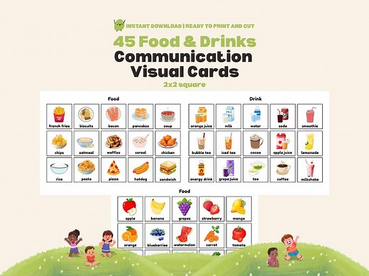 45 Food and Drink Communication Cards Autism Pecs Communication Icons Nonverbal Visual Aid Printable Square Flashcards for Home, School - Etsy