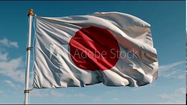 Japanese flag with white background and red circle, national symbol waving wind blue sky, outdoor scene showcasing cultural pride, peaceful atmosphere, elegant movement, sunlight, and clear weather
