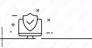 Computer with a shield. Protection, personal data, check mark, antivirus, safe, internet. Privacy concept. One line drawing animation. Motion design. Animated technology logo. Video 4K
