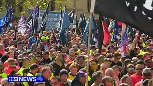 Loud and defiant CFMEU protesters have again clogged the CBD, with tens of thousands downing tools and marching through the city. The unions are now threatening more extended action, including three-day stoppages. #9News READ MORE: https://nine.social/OGY | 9 News Melbourne