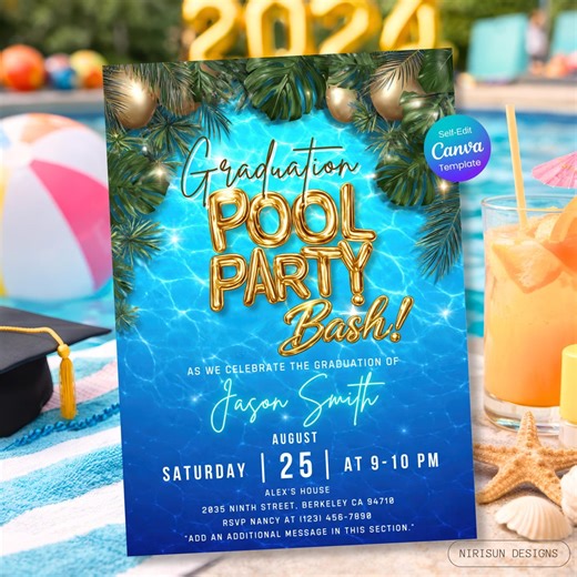 Graduation Pool Party Invitation, Graduation Pool Party Bash, Waterslide Summer Grad Party, Congrats Senior Class of 2026, Editable Template - Etsy