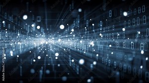 Futuristic digital visualization of neural network big data flow with binary code, AI machine learning, quantum computing, and cyber security, highlighting advanced technology and digital intelligence