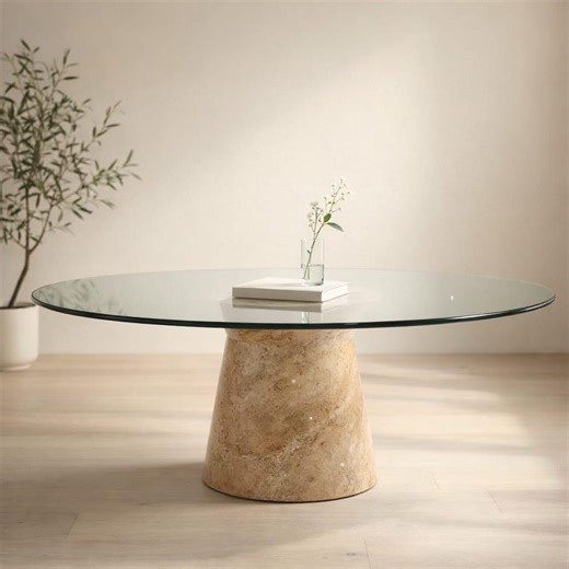 Round Glass Dining Table, Travertine Marble Base Dining Table, Modern Minimalist Kitchen Table for 2-4 People - Etsy
