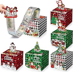 6 Pcs Christmas Money Box Party Supplies Xmas Red Green White Black Plaid Money Gift Box for Cash Pull Snowflake Xmas Tree Reindeer Surprise Gift Box Party Decors for Kids Girls Boys Holiday Cash Box