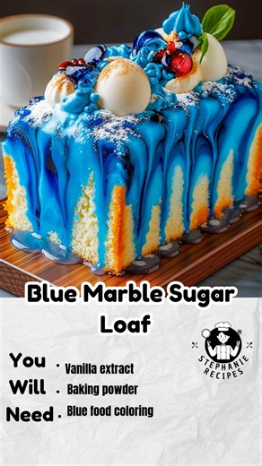 Blue Marble Sugar Loaf Ingredients Flour Sugar Butter Eggs Milk Vanilla extract Baking powder Blue food coloring Instructions 1. Preheat the oven to 170°C / 340°F and grease a loaf pan. 2. Cream butter and sugar together until light and fluffy. 3. Beat in eggs one at a time, then add vanilla extract. 4. In a separate bowl, mix flour and baking powder. 5. Add the dry ingredients to the batter alternately with milk, mixing until just combined. 6. Divide the batter into two bowls and tint one porti