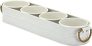 Condiment Serving Tray with 4 Round bowls - Chips and Dips Snack Tray for Party - White Side Dish for Appetizer, Fruit, Nuts, Ice Cream, Candy ， Vanilla White / Plastic Rattan Handle