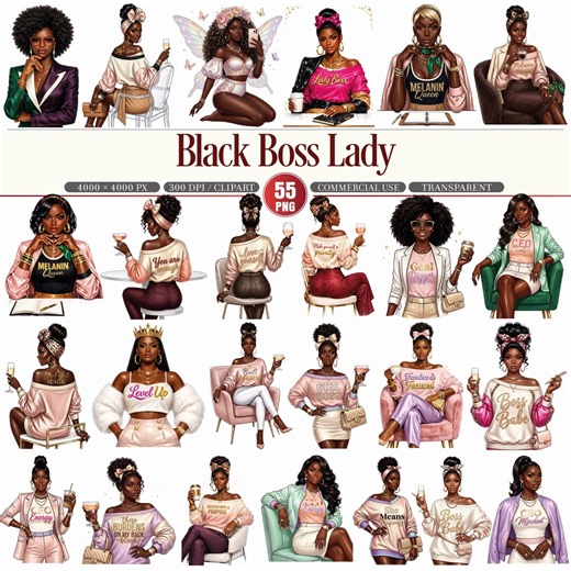 Black Boss Lady Clipart Bundle 55 PNG Fashion Illustrations - Etsy