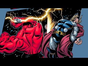 Red Hulk lifts Thor's hammer: Red Hulk Green Hulk
