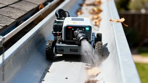 Medium shot capturing an automated vacuum system mounted on a gutter cleaning robot efficiently sucking leaves and dirt while navigating narrow gutter spaces
