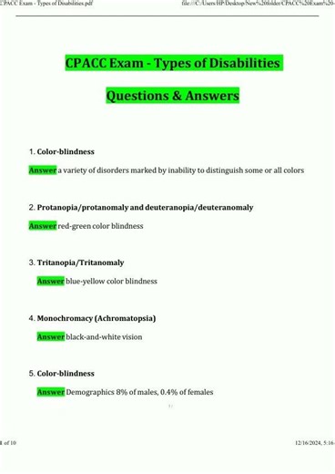 CPACC Exam Types of Disabilities 2025 Questions and Answers 2025 2026 Verified Answers549